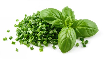 Freshly chopped green basil leaves with a spicy aroma on a white surface