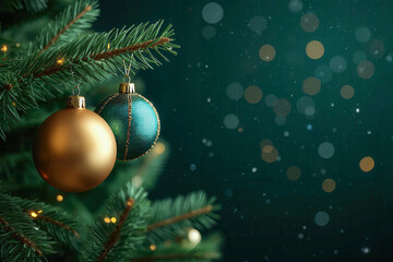 Christmas tree with green and golden ball decoration with light decoration in winter bokeh glitter background