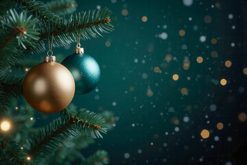 Christmas tree with green and golden ball decoration with light decoration in winter bokeh glitter background
