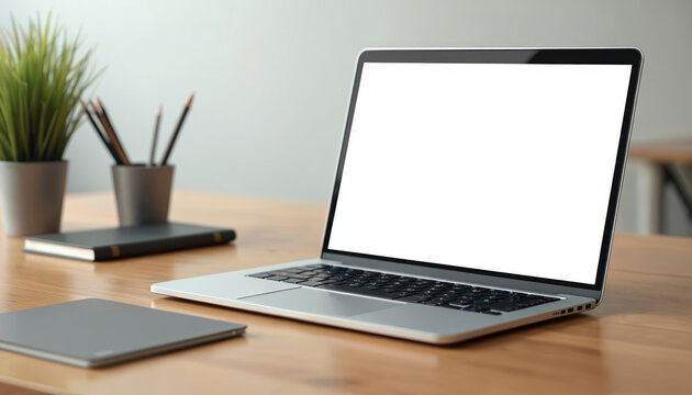 Open laptop with blank white screen sits on wooden desk. Nearby are notebook pencils and potted plant. Clean modern workspace with copy space for text or graphics.