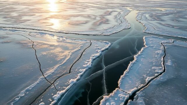 Frozen landscape with dynamic cracks and ice formations, an aerial view revealing the beauty of a winter wonderland with glistening sunlight on the frosted terrain, perfect for travel and nature