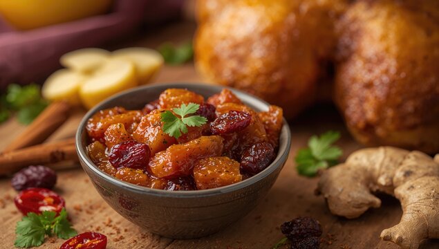 Homemade apple chutney featuring raisins, cinnamon, chili and spices, fiber-dense choice - Powered by Adobe