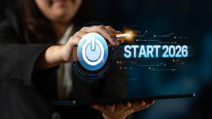 Start 2025 concept with futuristic power button symbolizing fresh beginnings, innovation, and...