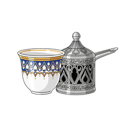 Elegant Arabic coffee set illustration for cultural events, adding a touch of tradition and hospitality, perfect for Ramadan and Eid celebrations