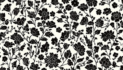 Seamless floral illustration featuring black flower silhouettes, suitable for fabric or wallpaper design