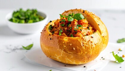 Hearty Stew Served Inside A Round Bread Bowl Garnished With Fresh Herbs And Sesame Seeds On A White Table With A Small Bowl Of Greens In The Background