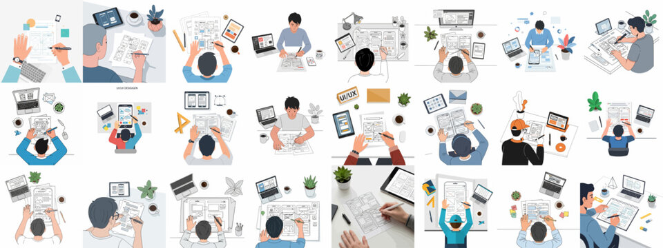 UI/UX design process vector illustration set showcasing people sketching website and application wireframes on desks.
