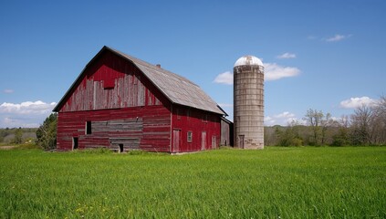 Fototapeta premium Old red barn and silo in a countryside landscape, emphasizing rural decay and seasonal change