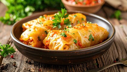 Hearty Stuffed Cabbage Rolls Simmered in Rich Tomato Sauce Garnished with Fresh Parsley and Sprinkles of Black Pepper Served in a Rustic Bowl on a Wooden Tabletop