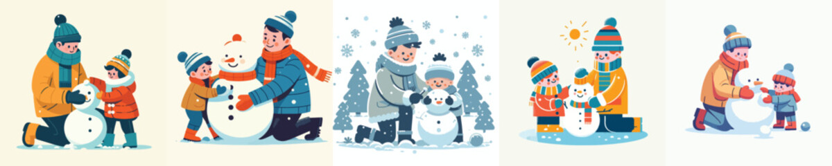 a father helps his child make a snowman