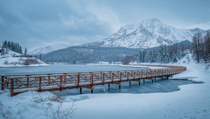 Winter landscape featuring a pedestrian bridge with falling snow, highlighting seasonal change