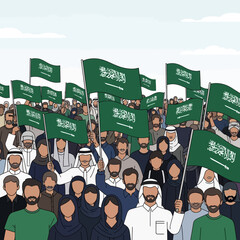 Patriotic crowd waving Saudi Arabian flags, celebrating national pride and unity in a display of vibrant cultural identity and solidarity