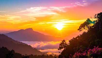 Golden Sunburst Illuminates Mountain Peaks Over Sea of Clouds with Pink Flowers in Foreground at Sunrise