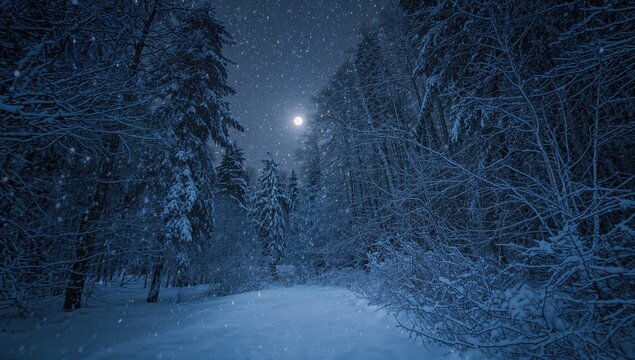 Winter forest scene with snow-covered trees, seasonal change - Powered by Adobe