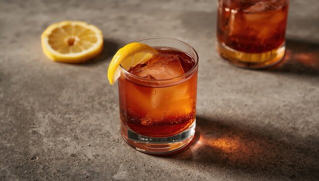 Mezcal old fashioned cocktail garnished with lemon, suitable for a casual gathering