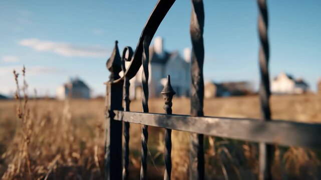 Rustic iron gate with distant house in golden field landscape