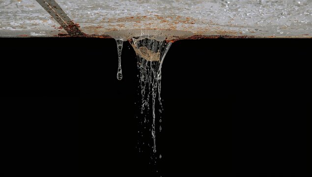 Ceiling water leak caused by rain or pipe damage, indicating potential maintenance issues