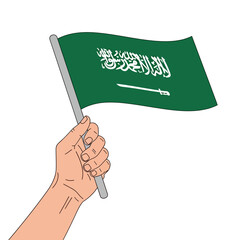 Patriotic spirit with a hand waving the Saudi Arabian flag, perfect for national celebrations and cultural events, conveying pride and unity
