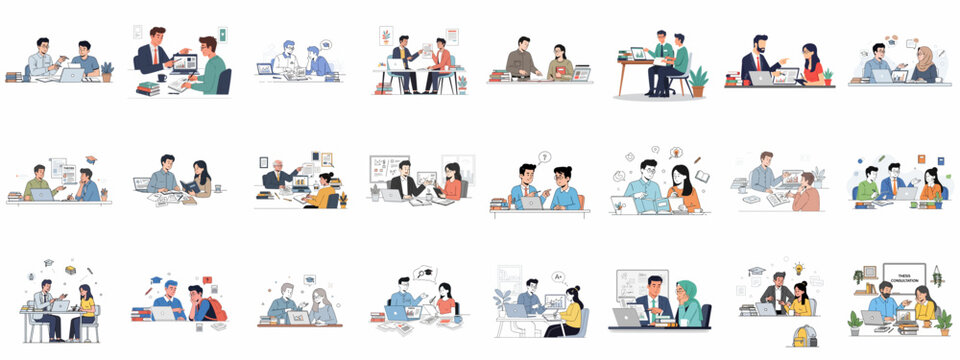 A comprehensive set of vector illustrations featuring students and professors engaging in academic consultation, tutoring, mentorship, and thesis discussion, representing higher education support.