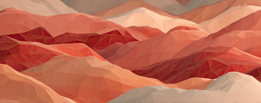 A geometric abstract landscape composed of polygonal shapes in shades of red and orange