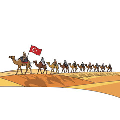 Illustrative camel caravan gracefully traverses the desert sands, a Turkish flag proudly leading the way, capturing a sense of adventure and cultural travel