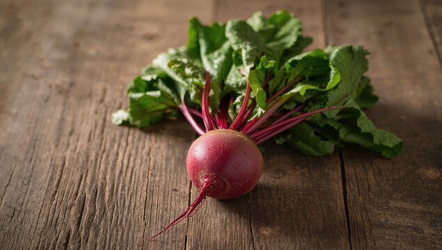 Raw young beetroot with greens on a rustic wooden surface, fresh produce display