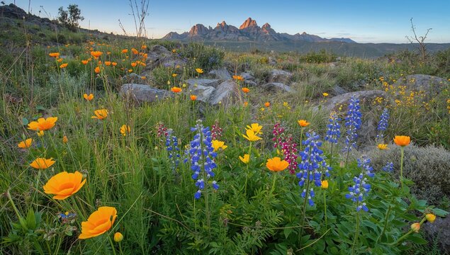 North Table Mountain Ecological Reserve during Spring, vibrant wildflower bloom with California poppies, lupine, and blue bonnet, seasonal change