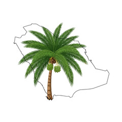 Vibrant palm tree with dates against Saudi Arabia map offers a modern and elegant design for travel, tourism, and cultural projects. Perfect for branding!