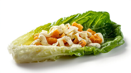 Fresh and Delicious Single Leaf Caesar Salad with Croutons and Dressing. Generative AI.