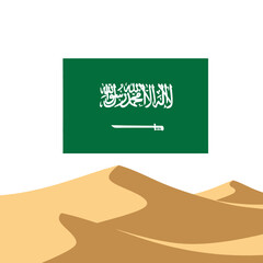 Explore the beauty of Saudi Arabia's desert landscapes with the symbolic flag, inviting travel and cultural discovery in the Middle Eastern nation