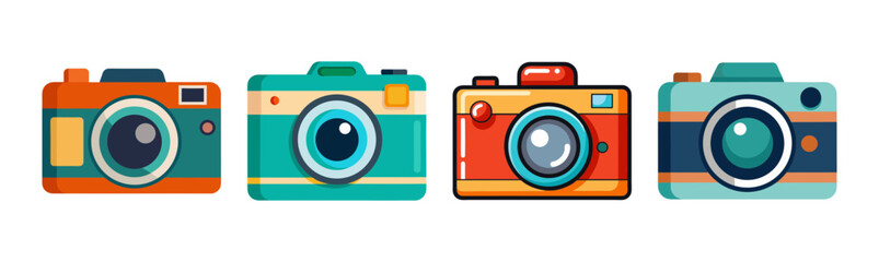Four colorful retro style camera illustrations in flat design