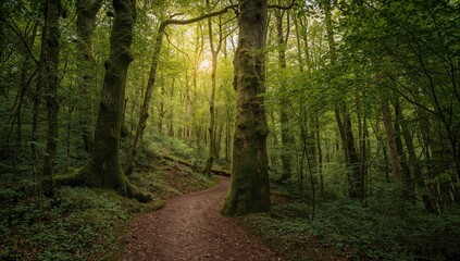 Story trail through a dense forest with lush green moss, exploring nature's beauty and enchanting surroundings