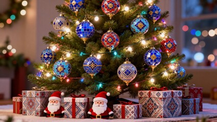 Naklejka premium Christmas Tree with Middle Eastern Mosaic Ornaments and Santa Gift Boxes Underneath”