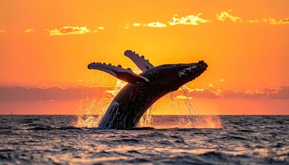 Humpback whale breaching at sunset over the ocean with dramatic orange sky and sun flares casting shimmering light on water