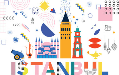 Istanbul culture travel set, famous architectures and specialties in flat design. Business travel and Memphis concept isolated on white background. Image for presentation, banner, website, app, advert