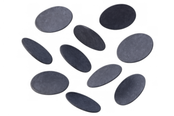 Collection of smooth, oval, gray slate stones creating a natural, abstract texture, perfect for backgrounds and designs. Transparent background