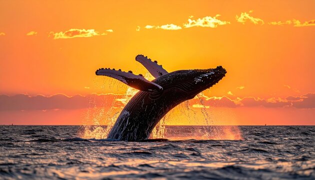 Humpback whale breaching at sunset over the ocean with dramatic orange sky and sun flares casting shimmering light on water - Powered by Adobe