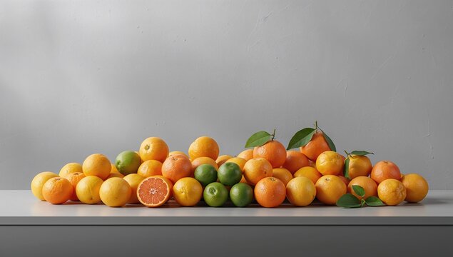 Citrus fruits including tangerines and lemons displayed on a gray table with a gray wall backdrop, suitable for editorial use