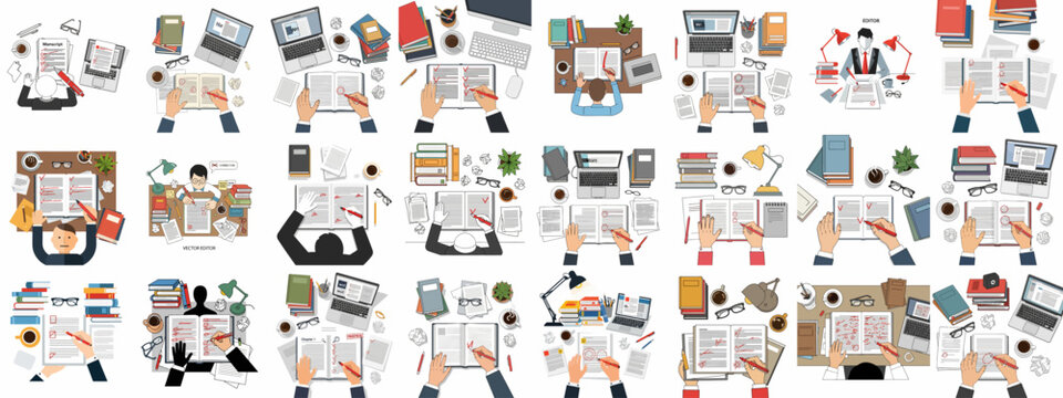 Top view collection of editing, writing, and proofreading illustrations. Desks with books, manuscripts, laptops, coffee, and hands making corrections.