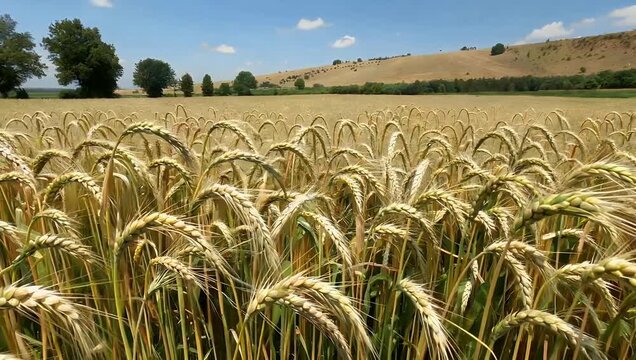 Aerial 4K view of golden wheat spikelets gently waving in the summer wind across large fields emphasizing ripening crops rural landscapes and agricultural abundance for professional stock footage