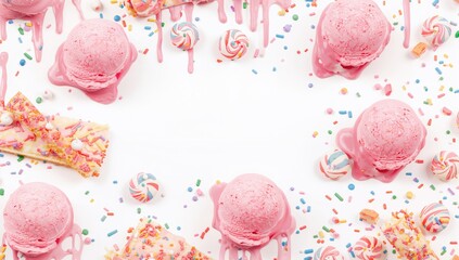 Pink ice cream melting with vibrant candy sprinkles, playful dessert design for festive themes