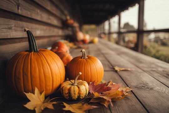 Festive pumpkins and autumn leaves adorn a rustic wooden porch, creating a warm seasonal display for fall celebrations - Powered by Adobe
