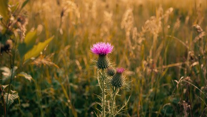 Thistle flowers flourishing in a warm meadow, seasonal change