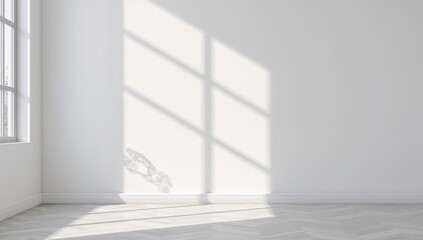 Fototapeta premium Wall interior background featuring a studio setting with shadows from a window, suitable for product presentation and text insertion