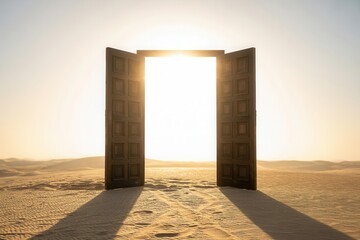 Open door in the desert leading to bright light symbolizing opportunity hope and a new beginning concept for overcoming challenges