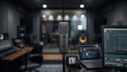 Technology and audio equipment theme, microphone positioned for optimal recording, efficiency