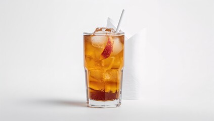 Refreshing chilled iced tea in a clear glass against a white backdrop, close-up