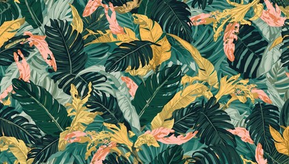Tropical seamless design with vibrant banana leaves and palm, suitable for fabric and wallpaper backgrounds