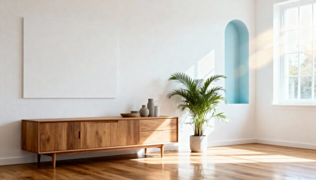 Interior Minimalist Livingroom Wood Accent Neutral 4K Commercial Render AI
