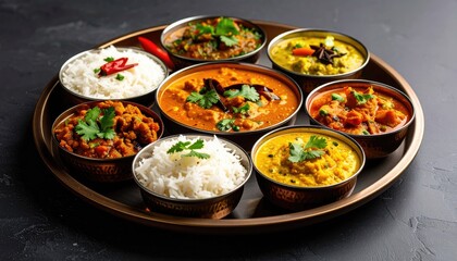 Indian Food Platter with Assorted Curries and Rice Served in Copper Bowls on a Dark Surface with Fresh Cilantro and Red Chili Garnish